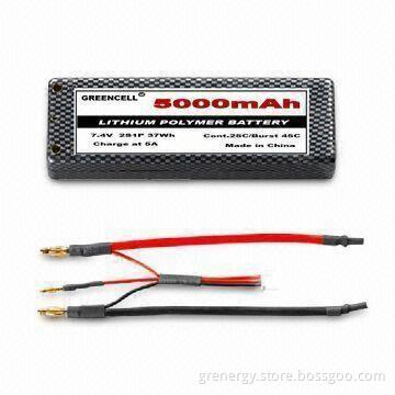 Lithium Polymer Battery with 7.4V Voltage, 45A Burst Discharge Current and 5,000mAh Capacity